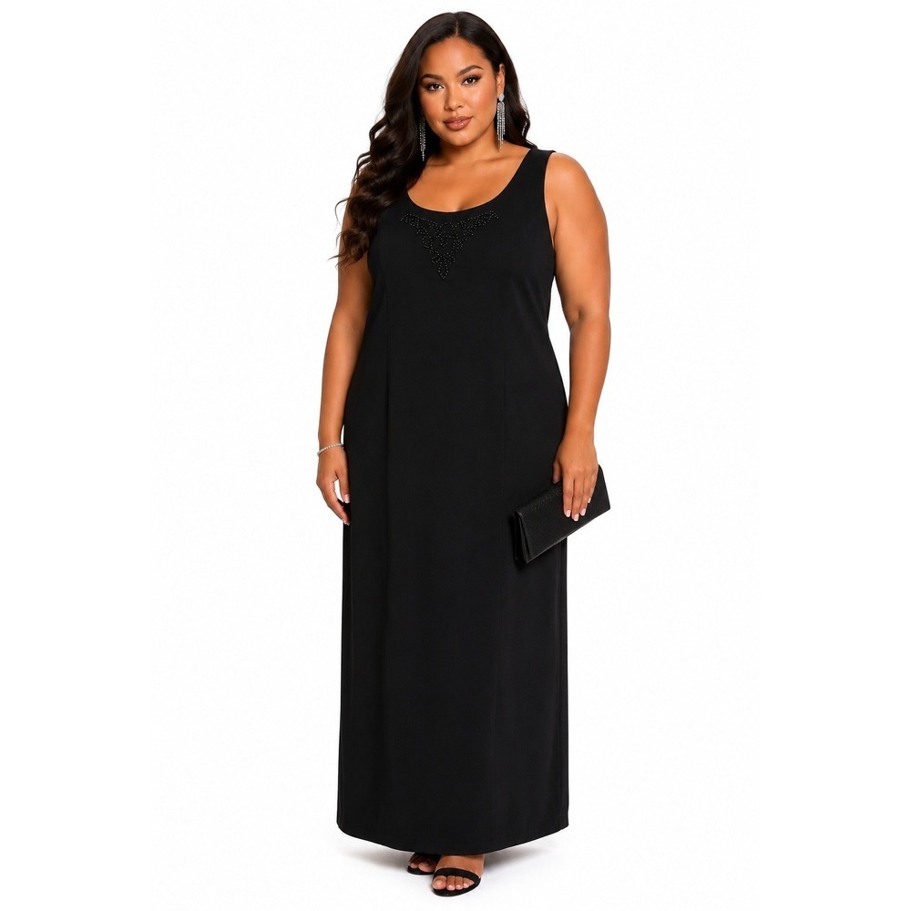 Dressbarn Woman Collection Black Beaded Scoop Neck Maxi Dress 16W NWOT
